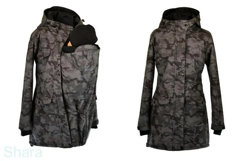 Softshellový zimní kabát Shara pro přední nošení - šedý maskáč S