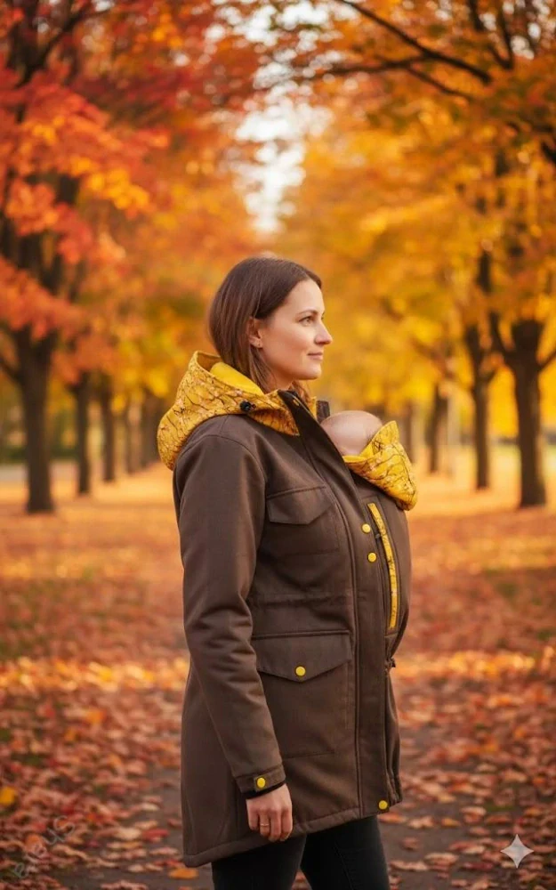 Softshellová bunda Shara pro přední nošení - jaro/podzim - Hnědá žíhaná/hořčicové květy