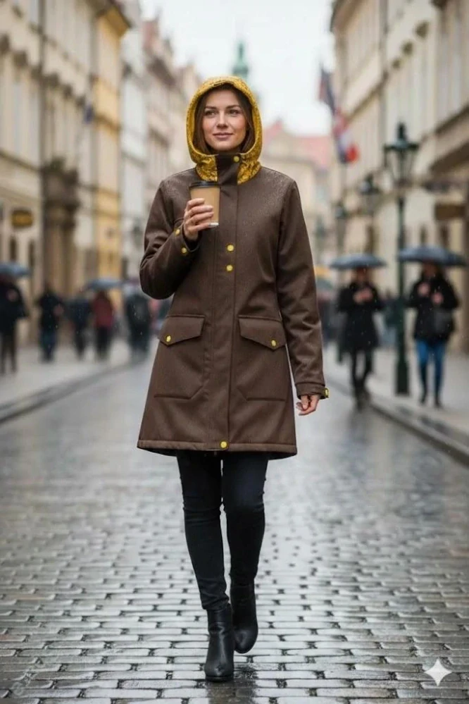 Softshellová bunda Shara pro přední nošení - jaro/podzim - Hnědá žíhaná/hořčicové květy